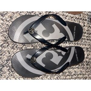 Tory Burch Black and Gray Logo Flip Flop Sandals platform